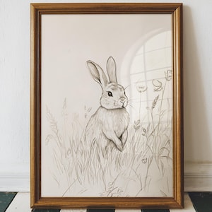 Rabbit Sketch, Easter Bunny Wall Art Print, Vintage Rabbit Drawing, Country Farmhouse Printable Art, Neutral Easter Decor, Digital Download
