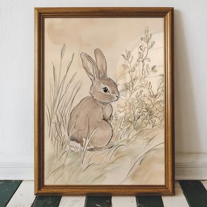 Easter Bunny Rabbit Pencil Drawing, Nursery Wall Art Print, Kids Room Neutral Sketch, Printable Wall Art, Easter Decor, Digital Download