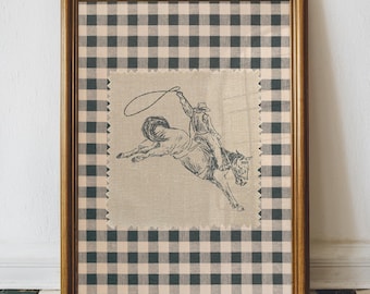 Rodeo Cowboy Print, Western Wall Art, Retro Aesthetic, Cottagecore Decor, Trendy Downloadable Print, Rustic Country Gingham Fabric Digital