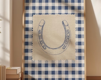 Horseshoe Digital Print, Rustic Western Downloadable Wall Art, Retro Lucky Horseshoe Printable, Cottagecore Decor, Country Blue Gingham