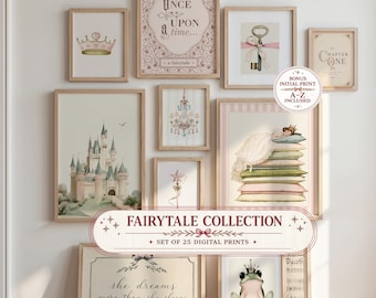 May include: A collection of 25 digital wall art prints featuring fairytale themes including a castle, a crown, a key with a pink ribbon, a chandelier, a frog wearing a crown, and a person sleeping on a stack of pillows with text overlays.