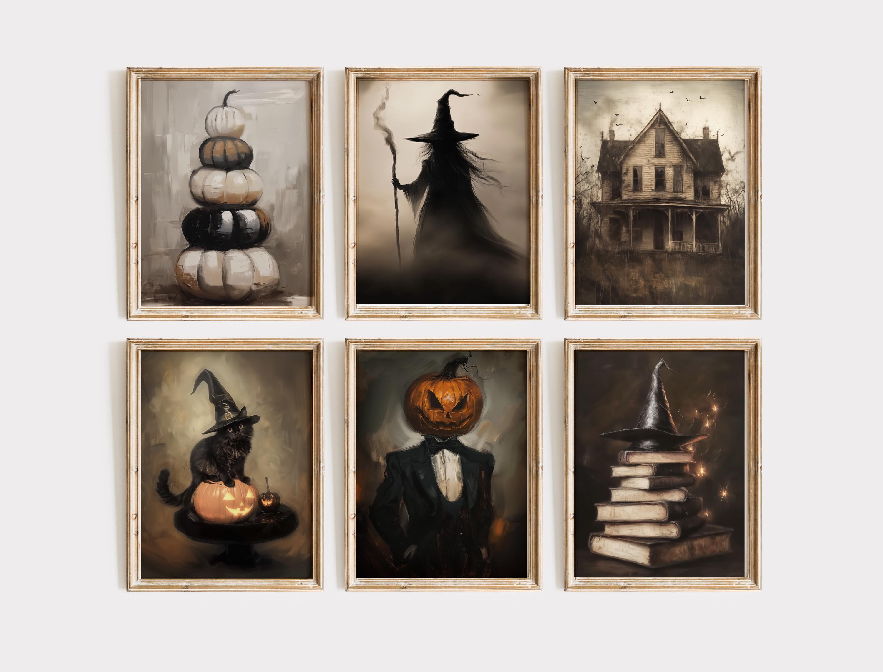 Halloween Print Set of 6 Vintage Style Paintings, Witch Wall Art, Moody Gothic Dark Academia Decor, Digital Prints, Printable Wall Art