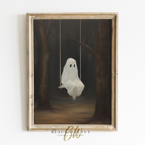 Halloween Art Print, Sad Cute Ghost on Swing Wall Art, Halloween Decor, Spooky Printable Art, Digital Print, Rustic Country Fall Art