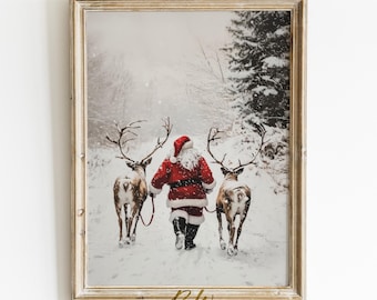 Printable Santa Reindeer Wall Art, Christmas Print, Snowy Winter Painting, Santa Claus Printable Wall Art, Holiday Decor, Digital Print