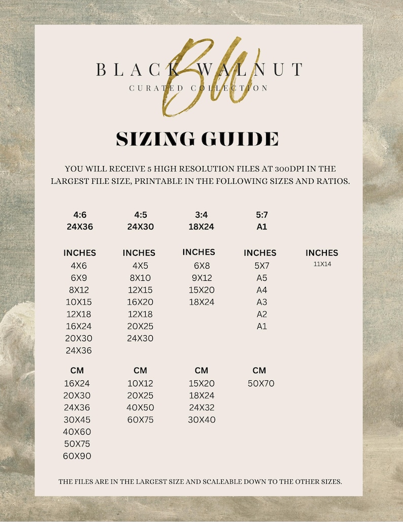 May include: A digital sizing guide for Black Walnut Curated Collection, featuring black text on a light background. It lists five high-resolution files at 300dpi, printable in various ratios and dimensions in inches, including 4x6, 24x36, and 11x14.