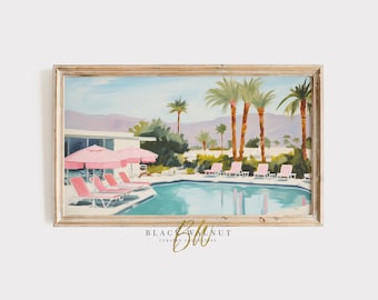 Frame TV Retro Pool Art, Vintage Summer Pastel Preppy Palm Springs Samsung Frame TV Art, Abstract Landscape, Summer TV Screensaver, Digital