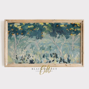 May include: A framed painting of a landscape with trees and a blue sky. The trees are painted in a stylized way with thick brushstrokes. The painting is in a light wood frame.