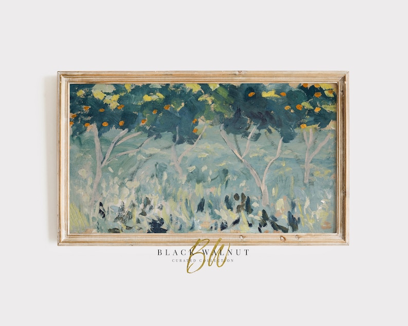 K&ouml;nnte beinhalten: Ein gerahmtes Gem&auml;lde, das eine Landschaft mit B&auml;umen und blauem Himmel zeigt. Die B&auml;ume sind in einer stilisierten Art mit dicken Pinselstrichen gemalt. Das Gem&auml;lde befindet sich in einem hellen Holzrahmen.