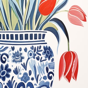May include: A blue and white porcelain vase with a floral pattern, filled with red, pink, and white tulips.