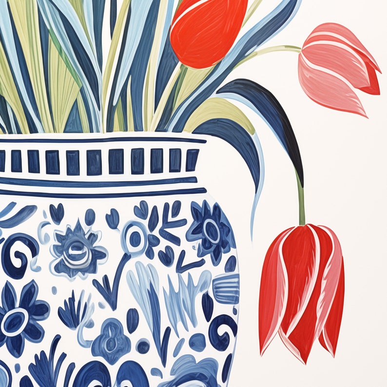 May include: A blue and white porcelain vase with a floral pattern, filled with red, pink, and white tulips.