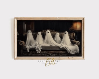 Rahmen TV Geist Art Halloween Gemälde, süße Geisterfamilie auf Couch Samsung Rahmen TV Halloween Dekor, TV Bildschirmschoner, Sofortiger digitaler Download