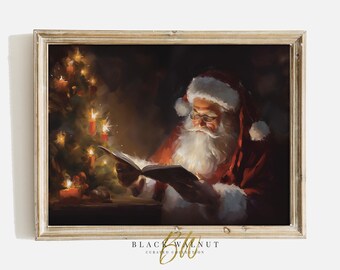 Printable Vintage Santa Print, Santa Claus Reading Painting Old World Christmas Wall Art Rustic Farmhouse Holiday Decor Winter Digital Print