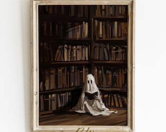 Ghost Print, Vintage Library Ghost Wall Art, Spooky Ghost Reading Book Printable Art Halloween Decor, Dark Academia, Ghost Painting, Digital