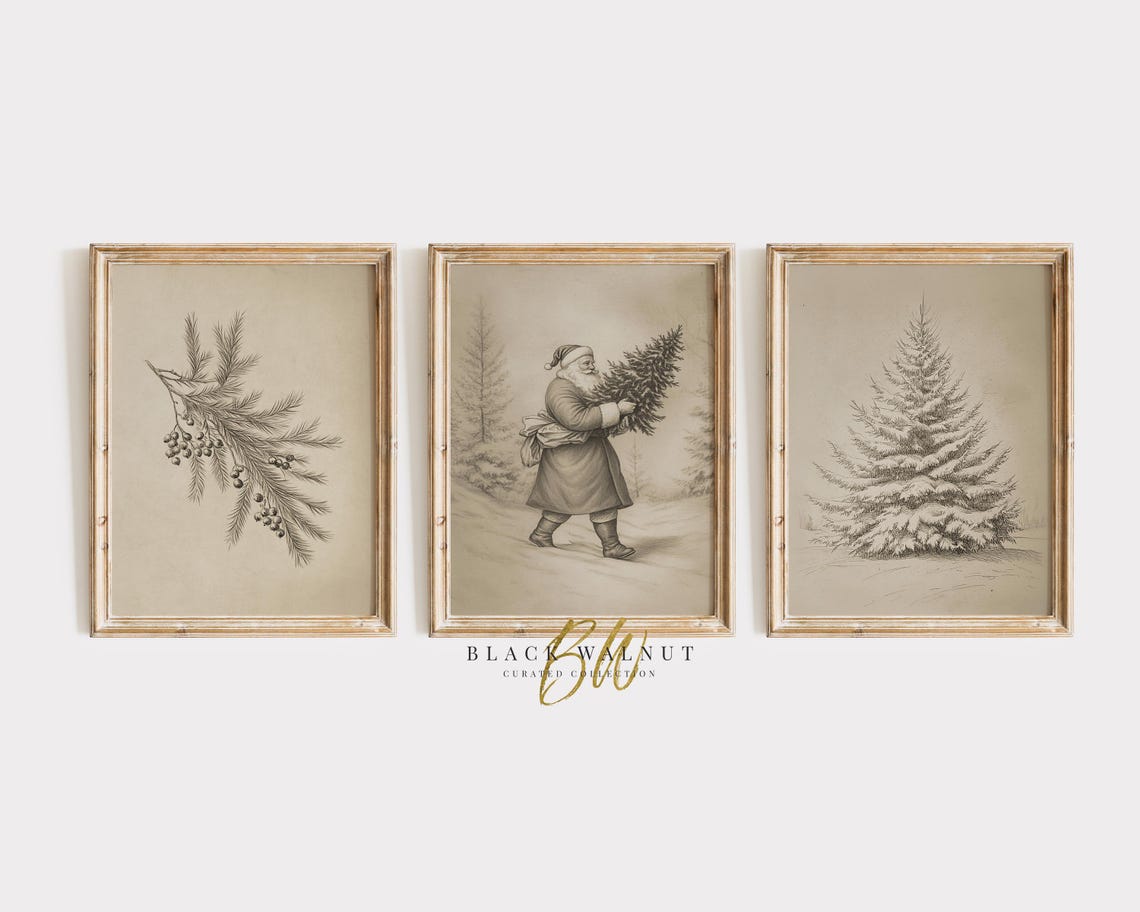 Printable Vintage Christmas Wall Art Set of 3, Neutral Winter Drawings ...