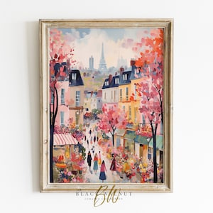 Impresión artística digital de París, pintura abstracta moderna de paisaje urbano, París en primavera, calle parisina con flores, bonita estética parisina rosa