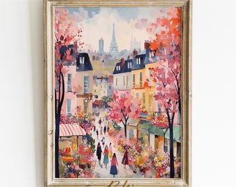 Paris Art Print Digital, Modern Abstract Cityscape Painting, Paris in the Spring Paris Street with Flowers, Pretty Pink Parisienne Aesthetic