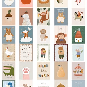 May include: A collection of whimsical art prints featuring various animals and objects. The illustrations include a swan, apple, lion, frog, monkey, bear, mouse, and more. Some prints have text like "Hello Baby", "Twinkle twinkle, little star", and "Color the World". The color palette is soft and inviting.