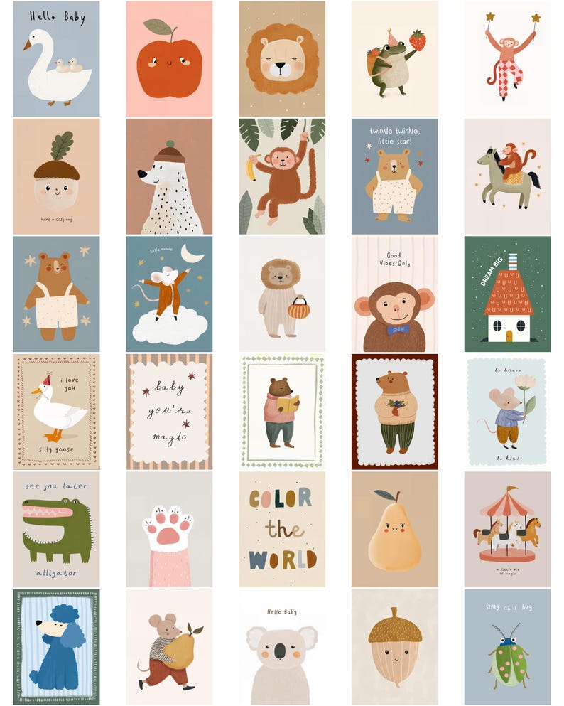 May include: A collection of whimsical art prints featuring various animals and objects. The illustrations include a swan, apple, lion, frog, monkey, bear, mouse, and more. Some prints have text like "Hello Baby", "Twinkle twinkle, little star", and "Color the World". The color palette is soft and inviting.