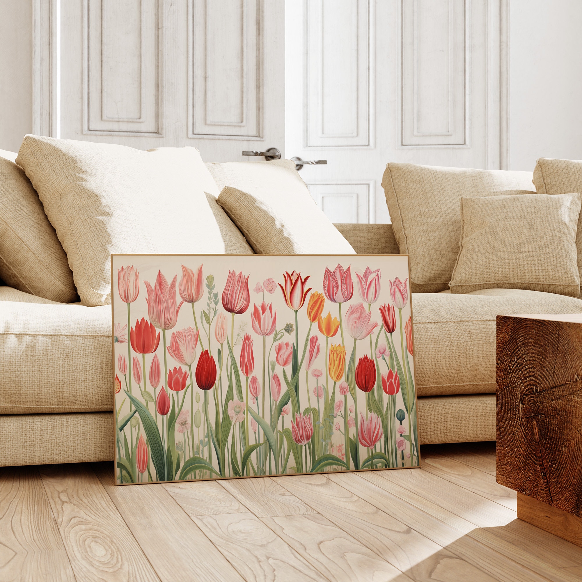 Tulips Wall Art Print, Retro Tulip Field Painting, Floral Illustration ...