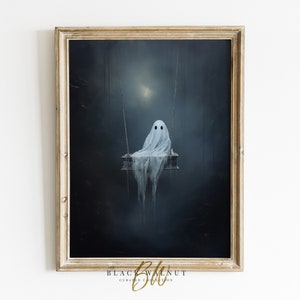 Ghost on Swing Wall Art Print, Cute Halloween Vintage Style Painting, Moody Spooky Ghost Printable Art, Digital Print, Cottagecore Decor