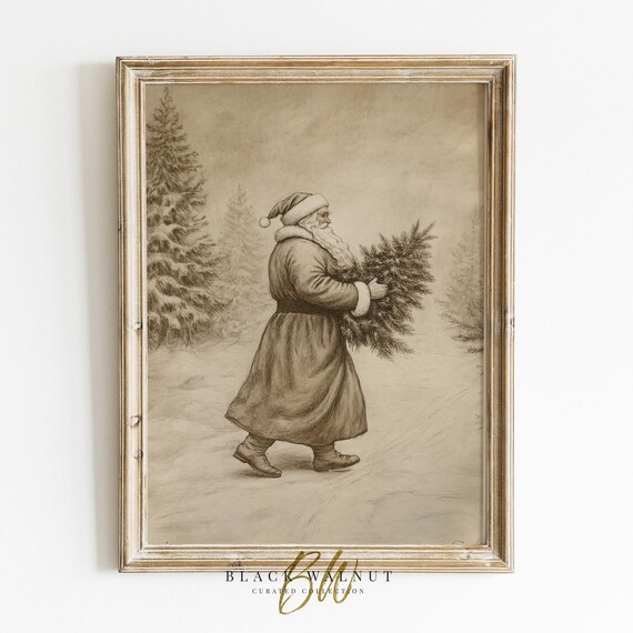 Vintage Santa Print, Printable Father Christmas Sketch, Neutral Holiday Drawing, Winter Wall Art, Minimalist Print, Digital Prints