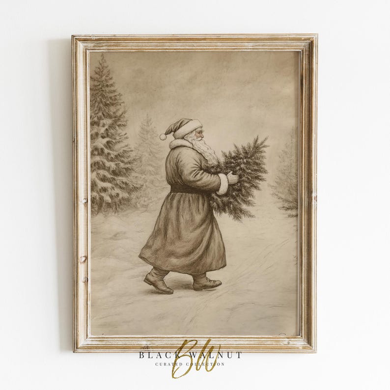 May include: A vintage illustration of Father Christmas carrying a Christmas tree in a snowy woodland setting. The image is in black and white and has a sepia tone.