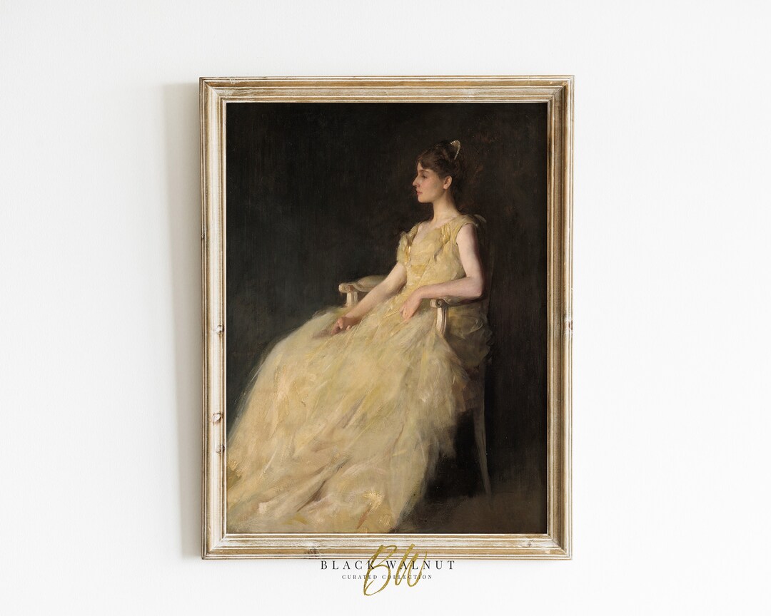 Vintage Portrait Painting of Woman in Yellow Dress, Print of Antique ...