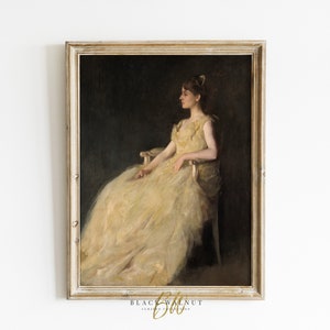 Pintura de retrato vintage de mujer con vestido amarillo, impresión de pintura al óleo antigua, pintura vintage imprimible, impresión de arte rural francés