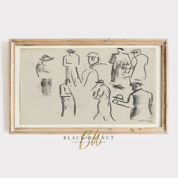 Frame TV Art Abstract Figure Sketch, Vintage Drawing for Samsung Frame TV, Antique Line Art Figure Study, Neutral Aesthetic Digital Download