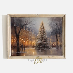 Vintage European Old Town Painting, Christmas Village Printable Winter Landscape Wall Art, Holiday Decor, Farmhouse Digital Print