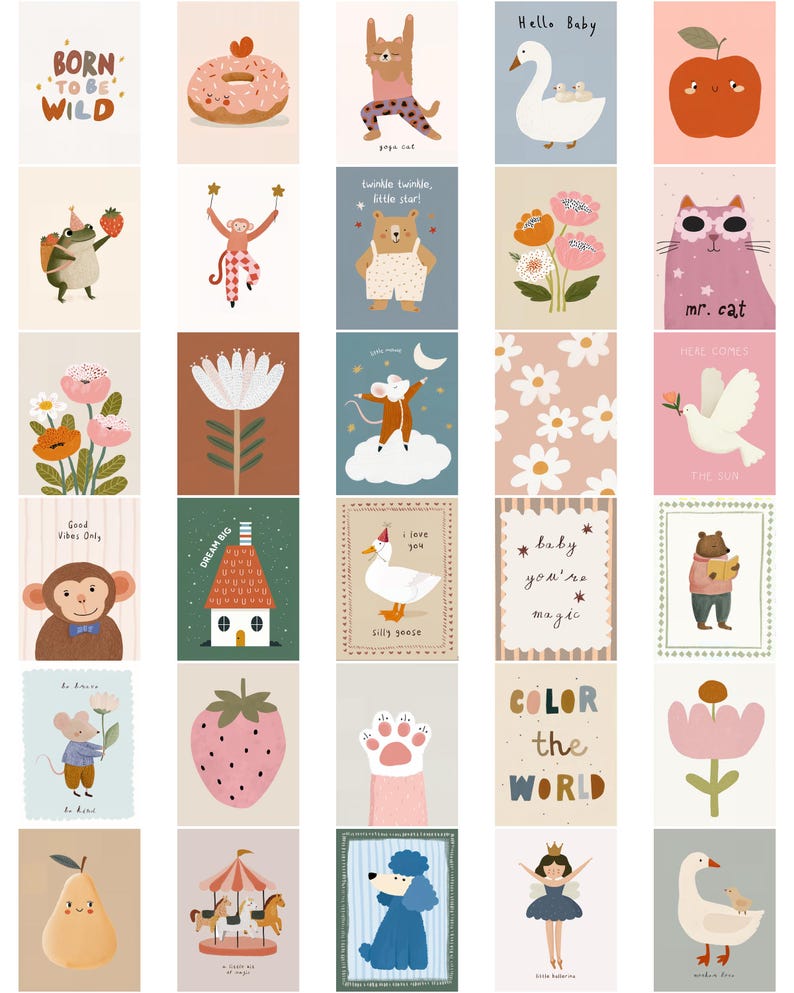 Pode incluir: Uma cole&ccedil;&atilde;o de impress&otilde;es de arte ilustradas com v&aacute;rios animais, alimentos e frases inspiradoras. As impress&otilde;es apresentam uma variedade de cores e designs, incluindo um donut, um sapo com um morango e um urso lendo um livro. O texto inclui "Born to be Wild".