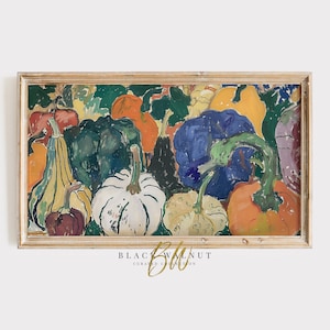 May include: A framed painting of a still life featuring a variety of colorful gourds and squash. The painting is done in a stylized, abstract style with bold brushstrokes and vibrant colors.