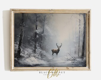 Printable Winter Deer in Woods Print, Vintage Winter Landscape Painting, Christmas Wall Art, Rustic Farmhouse Holiday Decor Digital Download