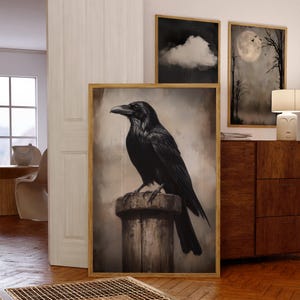 Halloween Digital Print, Raven Wall Art Print, Moody Crow Painting, Dark Academia Decor, Vintage Style Portrait, Gothic Halloween Aesthetic image 2