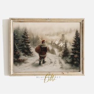 Printable Santa Claus Wall Art Print, Christmas Vintage Landscape, Farmhouse Christmas Painting, Digital Download, Holiday Decor