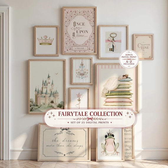 Fairytale Wall Art Bundle, Princess Nursery Decor, Storybook Prints, Little Girls Room Decor, Set of 25 Digital Prints, Initial Printable