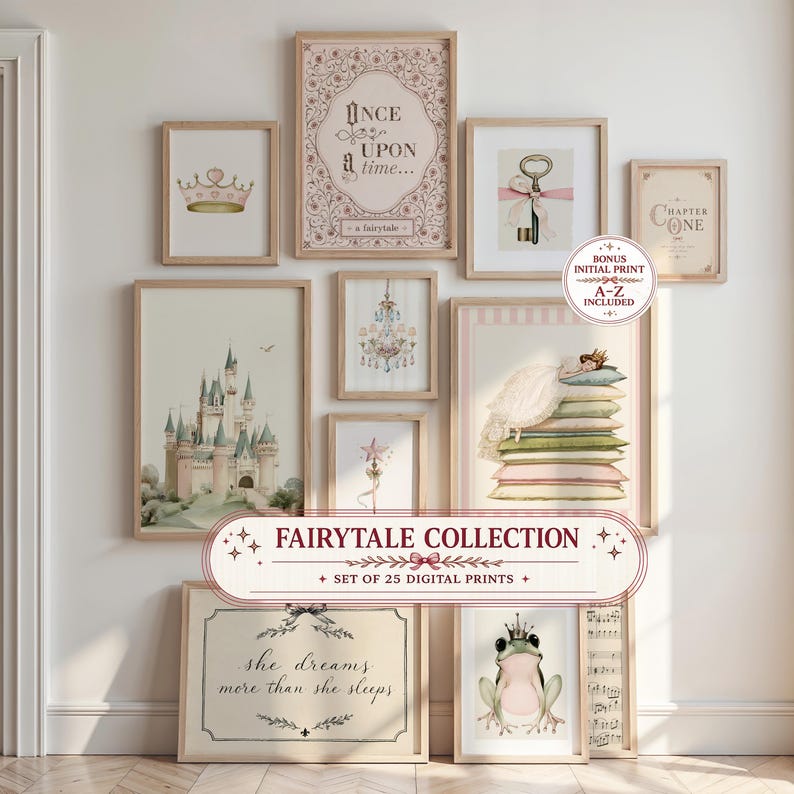 May include: A collection of 25 digital wall art prints featuring fairytale themes including a castle, a crown, a key with a pink ribbon, a chandelier, a frog wearing a crown, and a person sleeping on a stack of pillows with text overlays.
