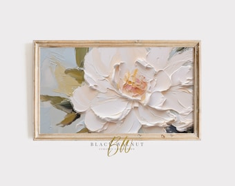 Abstract Flower Frame TV Art, White Wildflower Painting for Samsung Frame TV, Floral Digital Download, Textured 3D Flower Art