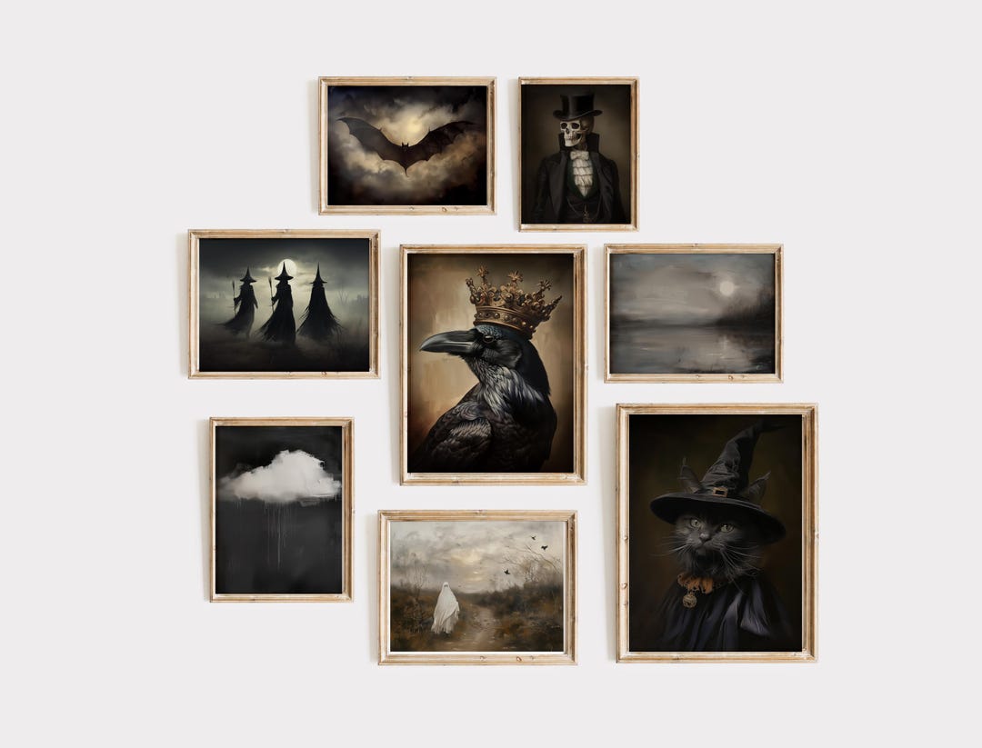 Halloween Print Set of 8 Vintage Style Paintings, Moody Gothic Dark ...