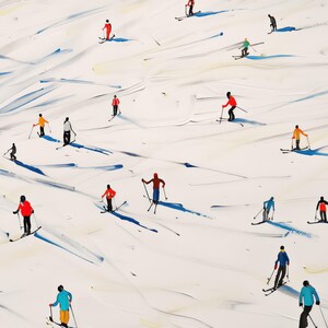 May include: A painting of skiers on a white snowy slope. The skiers are wearing colorful clothing and are skiing down the slope. The painting is done in a loose, impressionistic style.