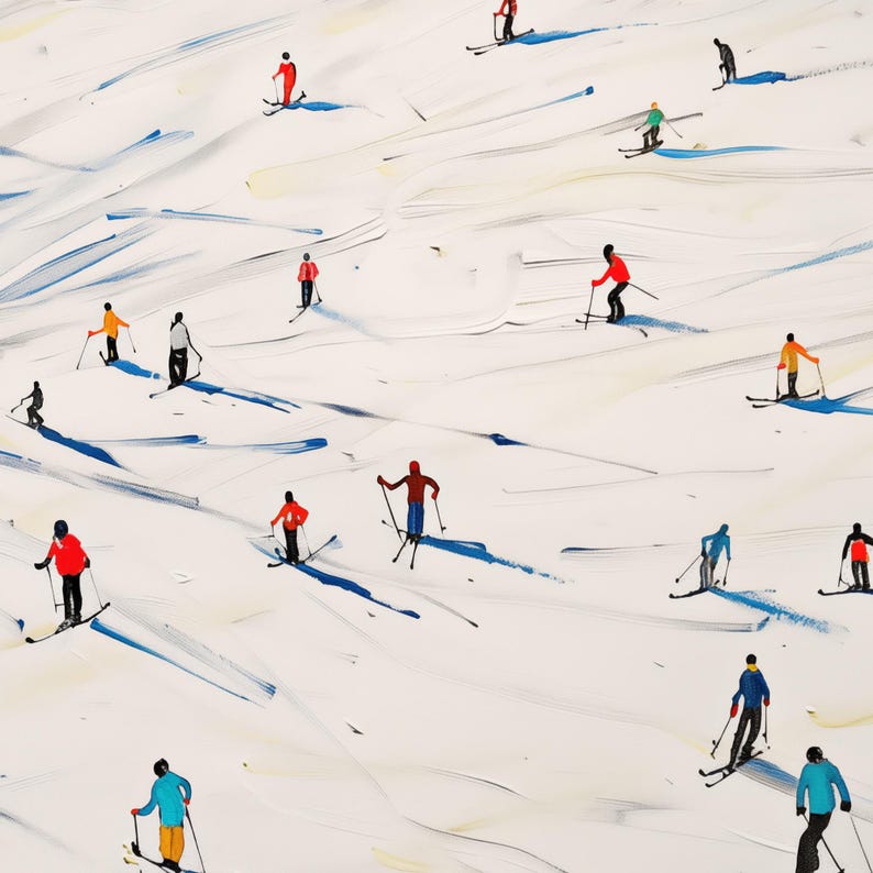 May include: A painting of skiers on a white snowy slope. The skiers are wearing colorful clothing and are skiing down the slope. The painting is done in a loose, impressionistic style.