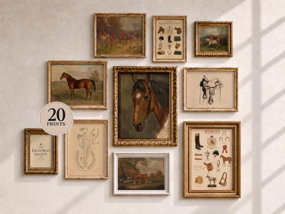 Equestrian Wall Art Set of 20, Old Money Gallery Wall, Vintage Horse Prints, English Country Decor, Riding Club Art, Printable Art, Digital