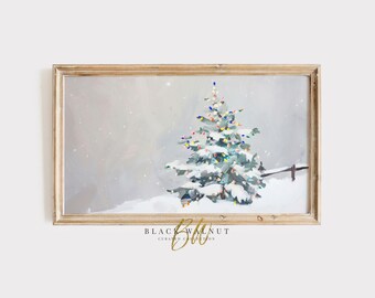 Arte de TV con marco de árbol de Navidad en tonos pastel, árbol colorido en paisaje nevado, arte de TV con marco Samsung de invierno, decoración navideña moderna, descarga digital