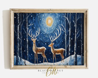 Printable Winter Moonlight Forest Deer Painting, Fairytale Woodland Art, Fairycore, Blue Wall Art Print, Christmas Reindeer Digital Print