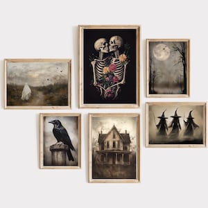 Juego de 6 impresiones de arte de pared de Halloween, pintura de fantasmas, impresión de esqueleto, arte imprimible de brujas, impresión digital gótica espeluznante y melancólica, estética vintage