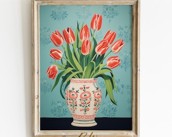 Tulipanes imprimibles arte tulipán naturaleza muerta impresión digital grandmillennial estética maximalista coqueta habitación decoración ecléctica pared arte galería impresión
