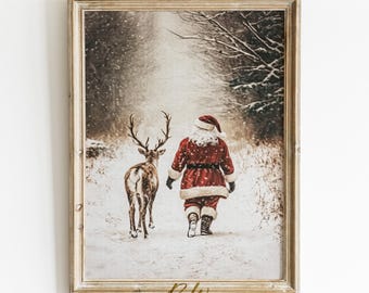 Christmas Print Santa Reindeer Wall Art, Digital Print, Snowy Winter Painting, Santa Claus Printable Wall Art, Holiday Decor