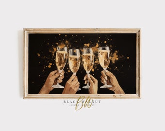 Samsung Frame TV Art New Year's Eve Cheers Bar Cart, Gold Black TV Art, Champagne Painting Art for Frame tv, NYE 2024, Digital Download
