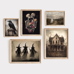 Juego de 5 impresiones de Halloween, impresión artística de fantasmas, pinturas vintage góticas espeluznantes y melancólicas, impresión digital de esqueletos, arte imprimible de brujas Dark Academia