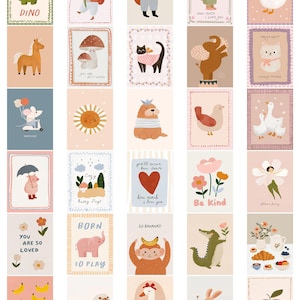 Pode incluir: Uma cole&ccedil;&atilde;o de estampas art&iacute;sticas caprichosas com v&aacute;rios animais e ilustra&ccedil;&otilde;es. As estampas apresentam um dinossauro, raposa, coelho, gato, elefante, rato e mais. Cada estampa tem um design &uacute;nico com cores suaves e detalhes encantadores, ideal para decora&ccedil;&atilde;o infantil.
